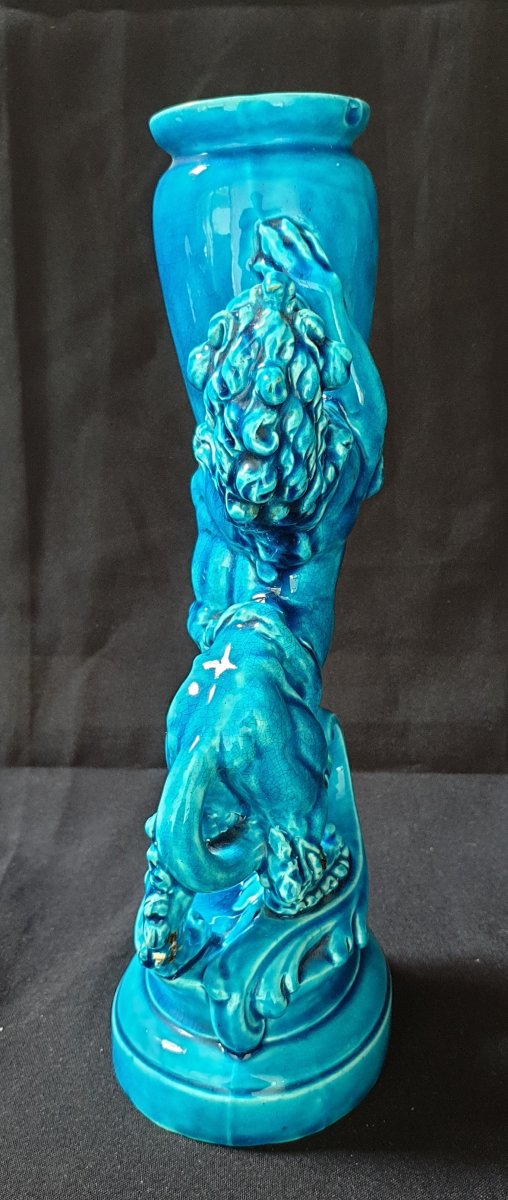 Vieillard Bordeaux, Lion Dressé, Vase émail Bleu-photo-4