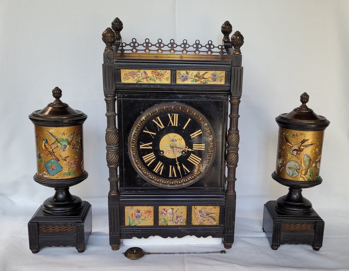 Rare Pendule Et Garniture Marbre Et Bronze Japonisante