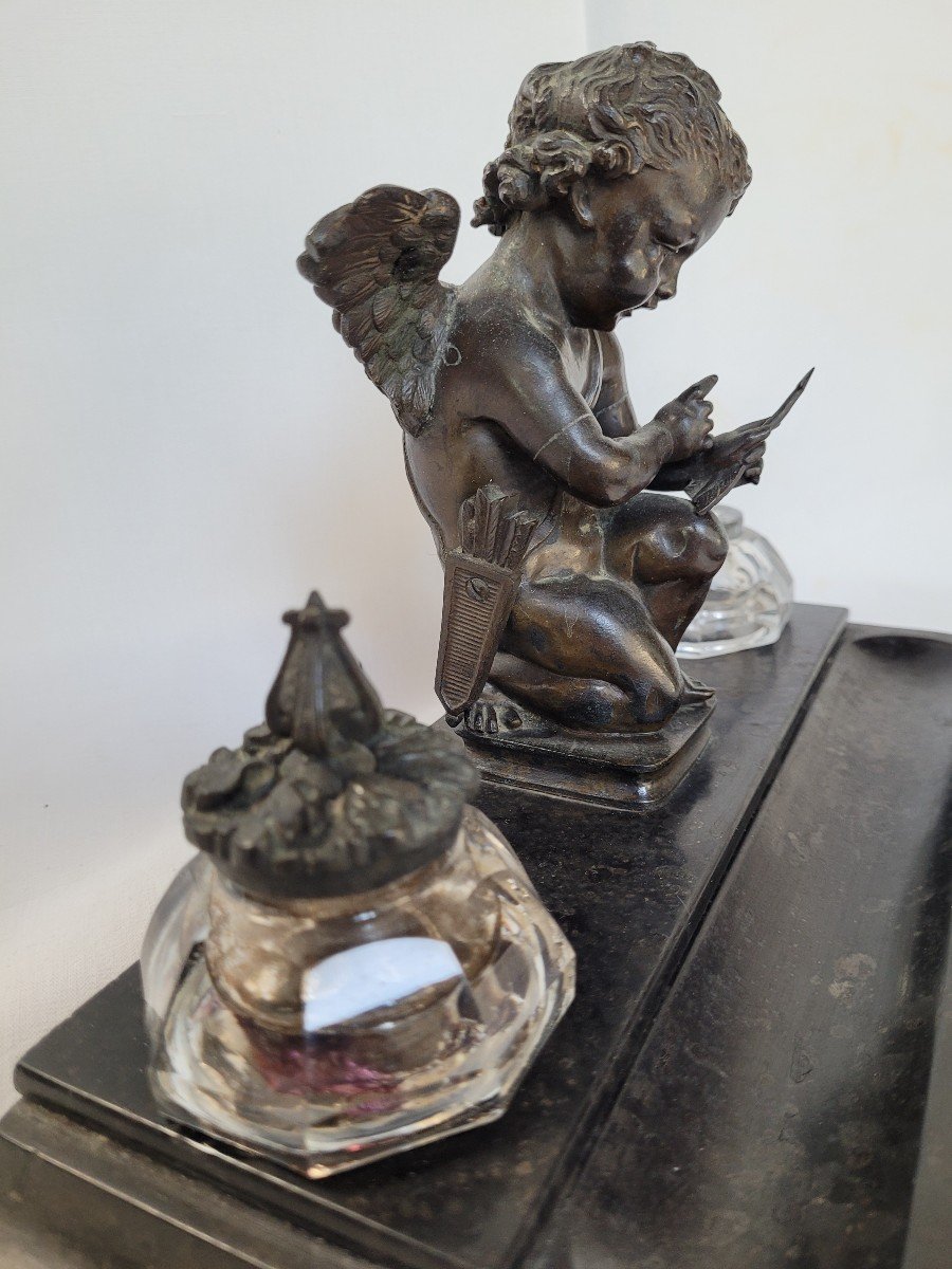 Bronze And Marble Inkwell, Studious Love, Napoleon III-photo-3