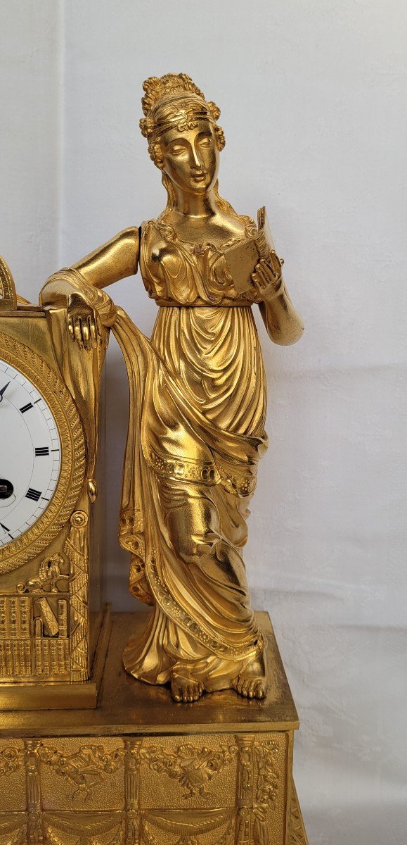 Pendule Bronze Doré Empire Restauration, l' Astronomie-photo-3
