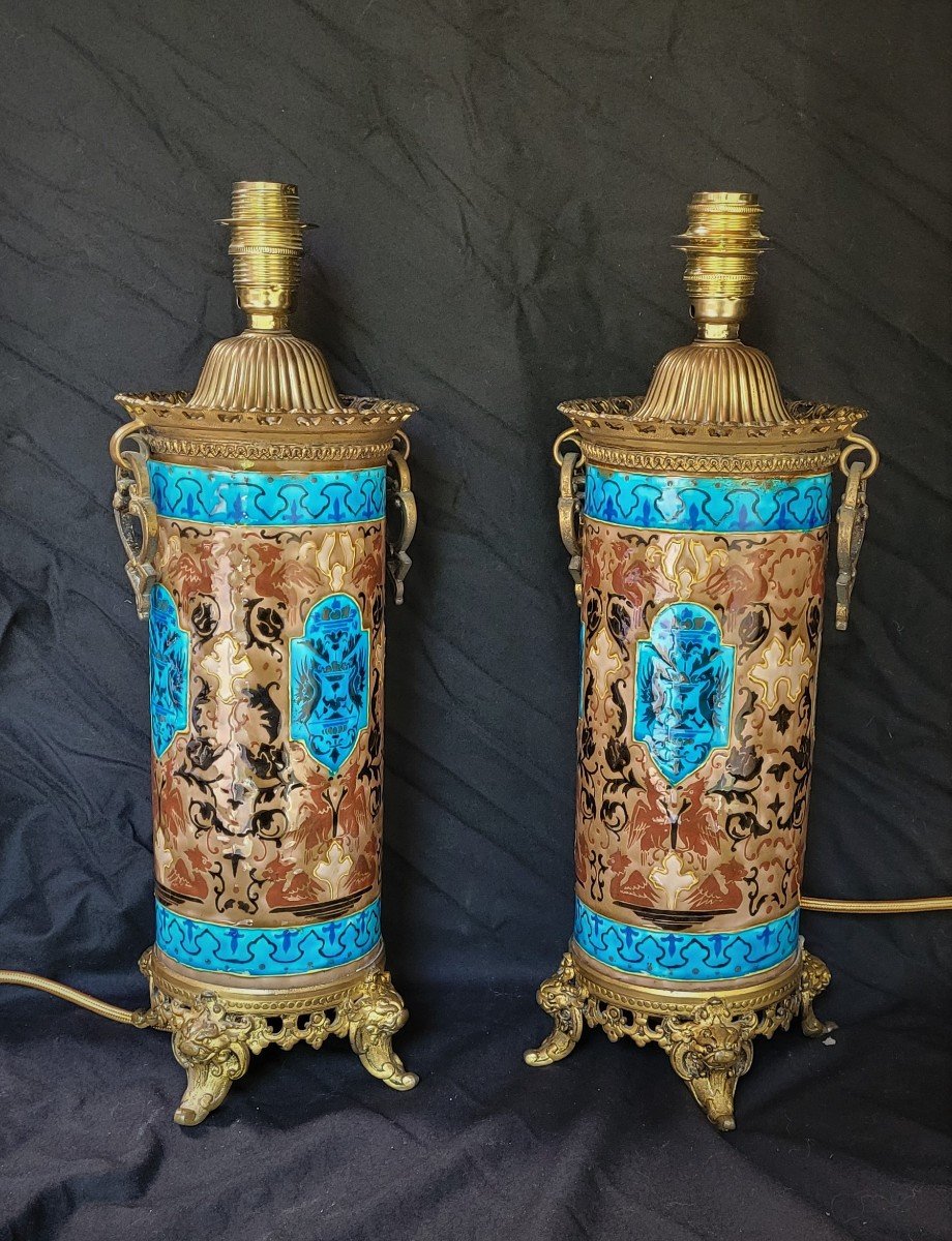 Pair Of Old Man Bordeaux Lamps, Enamels Caranza XIX