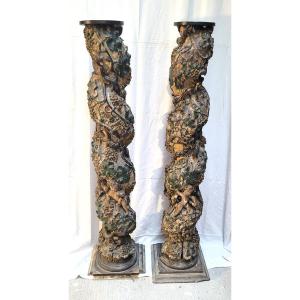 Pair Of Polychrome Altarpiece Columns, 17th Century