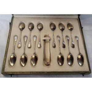 Set Of 12 Solid Silver Teaspoons, 19th Century