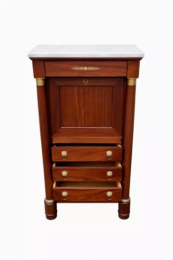 Secrétaire empire plateau marbre blanc en acajou et laiton 6 tiroirs-photo-1