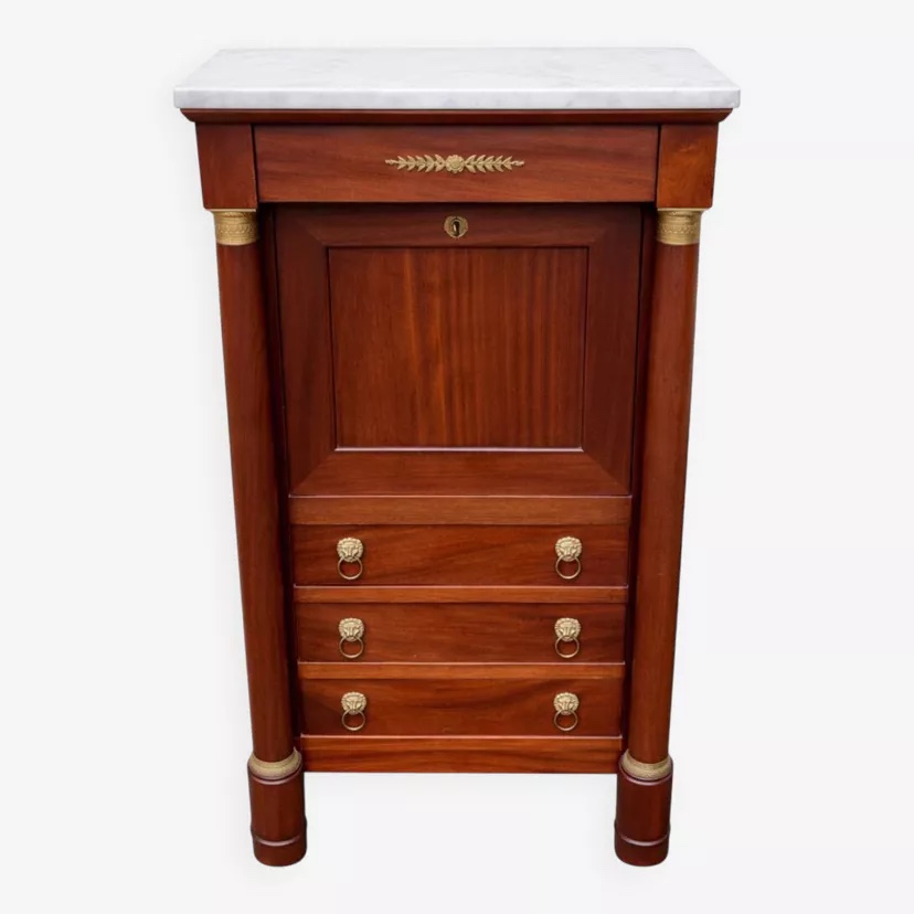 Secrétaire empire plateau marbre blanc en acajou et laiton 6 tiroirs