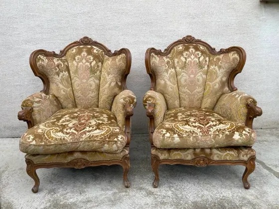 2 Louis XV Style Armchairs In Brocade And Velvet Fabric-photo-2