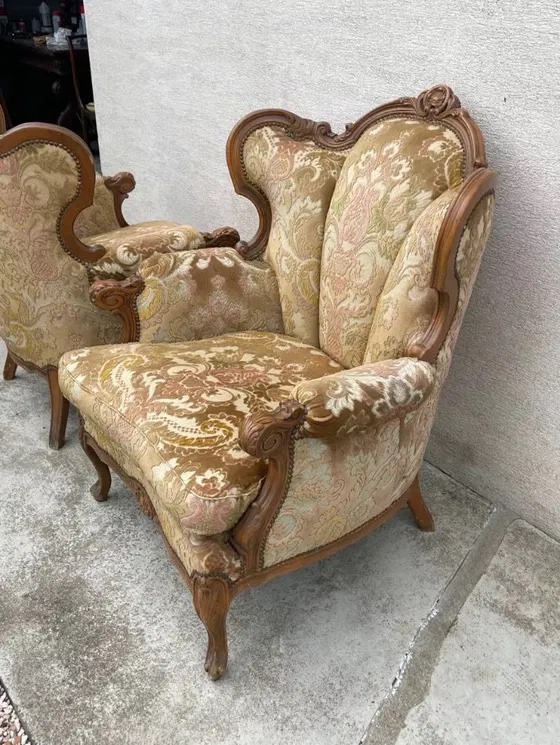 2 Louis XV Style Armchairs In Brocade And Velvet Fabric-photo-3