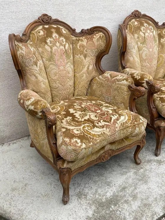 2 Louis XV Style Armchairs In Brocade And Velvet Fabric-photo-3