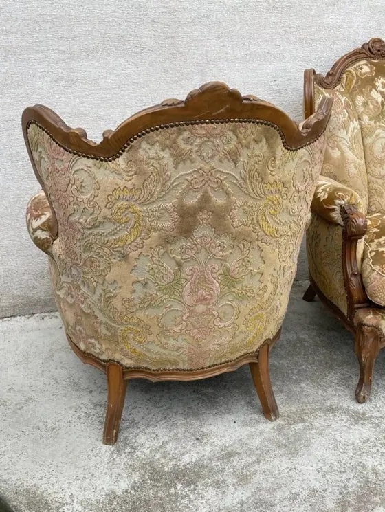 2 Louis XV Style Armchairs In Brocade And Velvet Fabric-photo-4