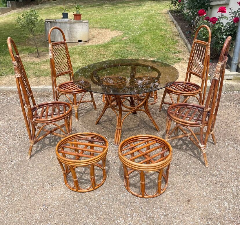 Vintage Rattan And Wicker Dining Room Furniture With Glass Table, 1970s-photo-2