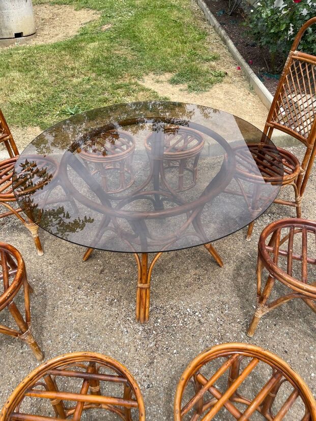 Vintage Rattan And Wicker Dining Room Furniture With Glass Table, 1970s-photo-4
