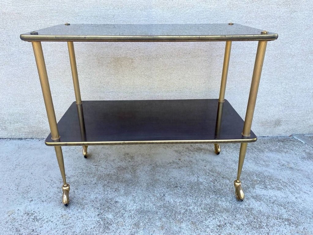 Vintage Brass Side Table On Casters, 1950s-photo-2