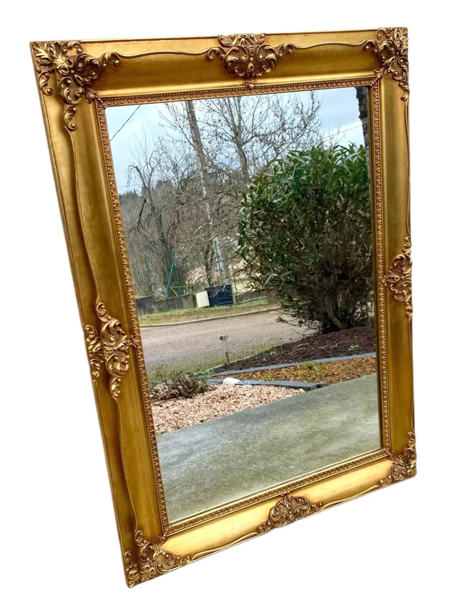 19th Century Style Beveled Mirror In Gilded Wood With Ornate Corners, 1950s