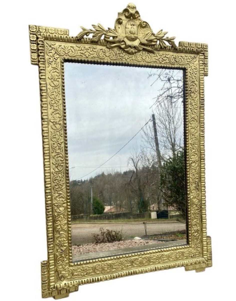 Antique 19th Century Mirror In Carved Gilded Napoleon Wood