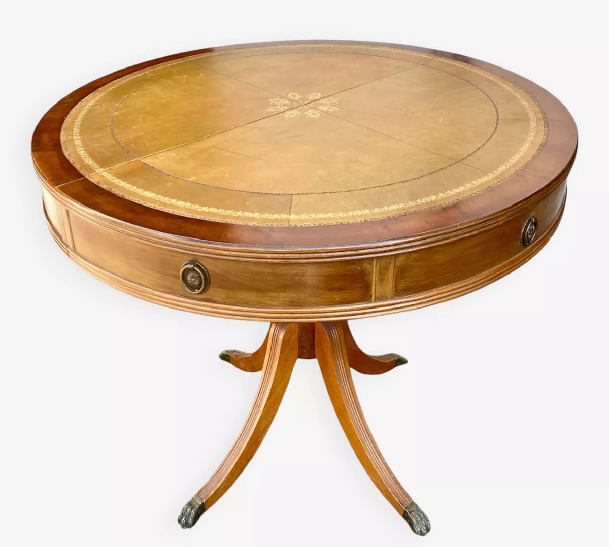 Table ronde acajou avec plateau cuir style anglais