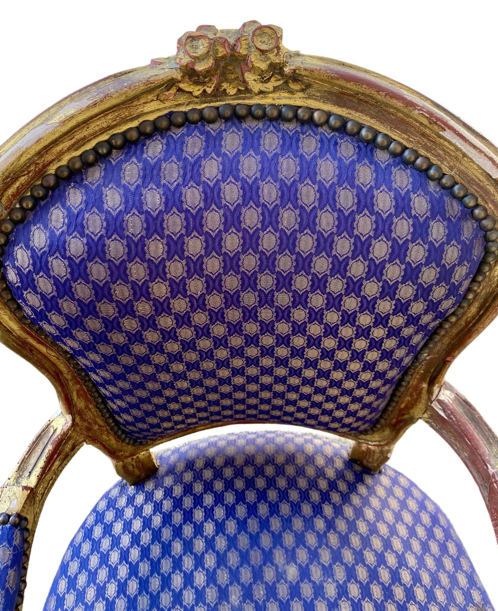 Paire de fauteuil chaise baroque style Louis XV tissu satiné bleu aux motifs-photo-2
