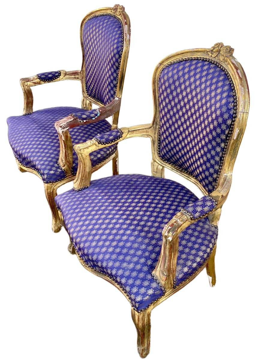 Paire de fauteuil chaise baroque style Louis XV tissu satiné bleu aux motifs-photo-1