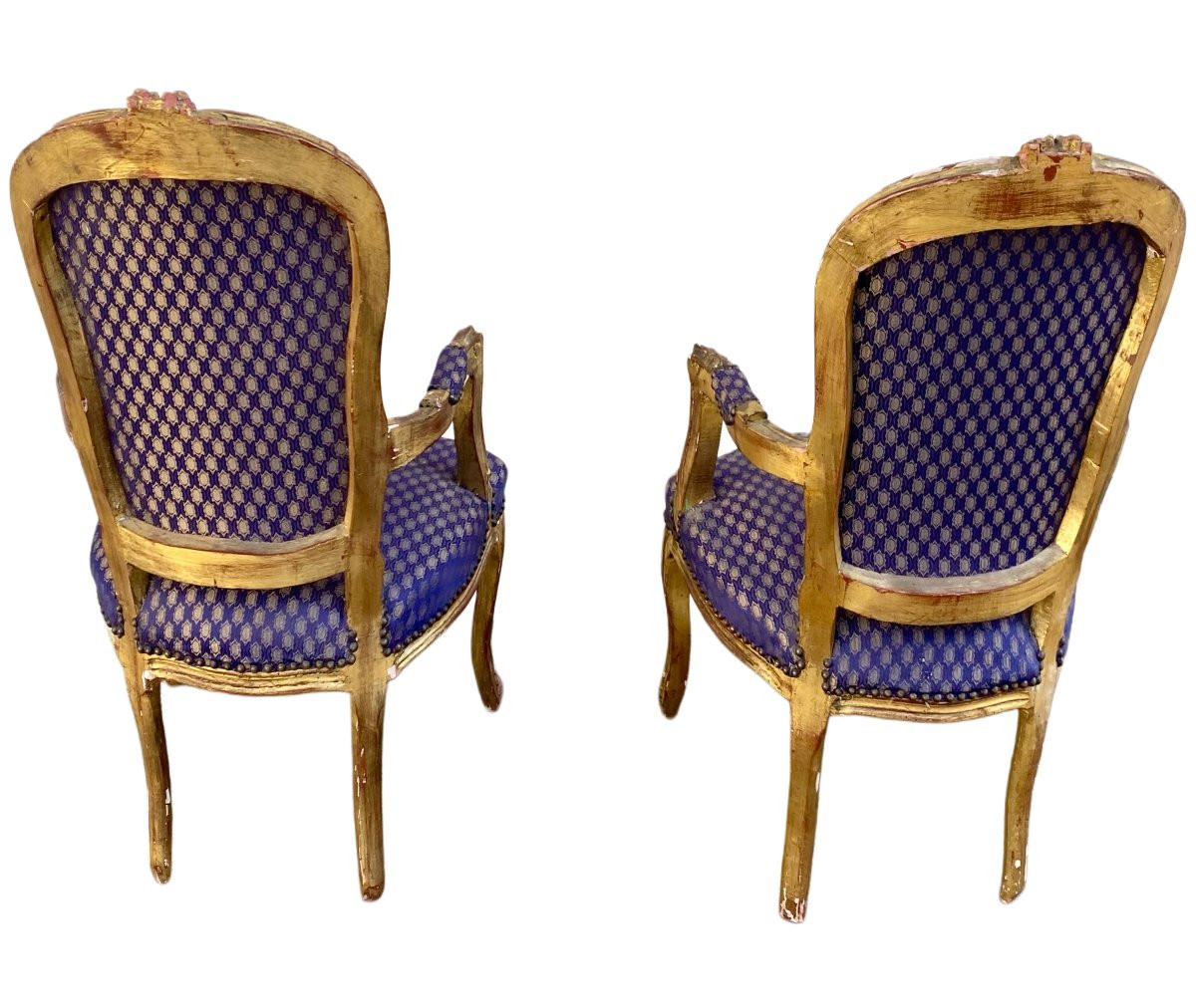 Paire de fauteuil chaise baroque style Louis XV tissu satiné bleu aux motifs-photo-5