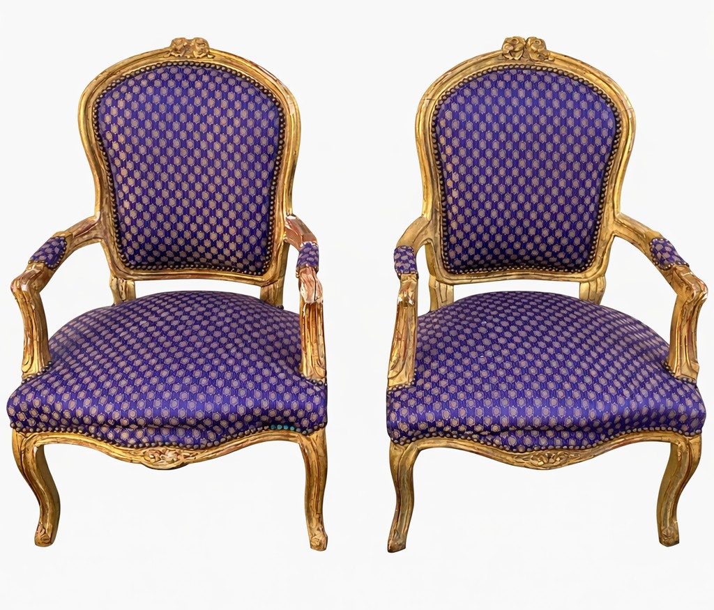 Paire de fauteuil chaise baroque style Louis XV tissu satiné bleu aux motifs