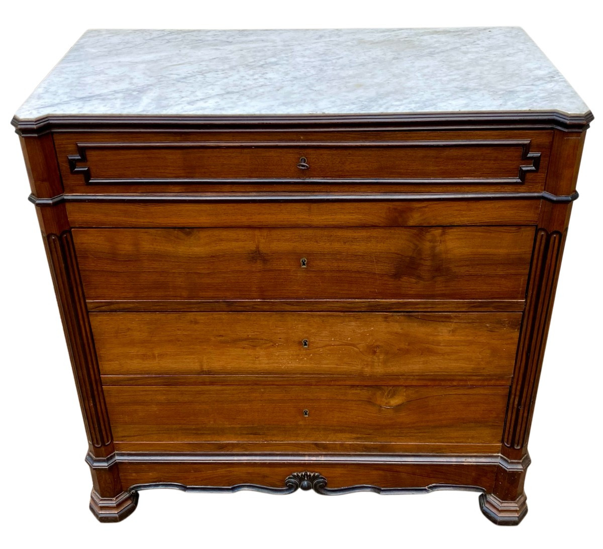 Commode ancienne Louis Philippe avec plateau marbre blanc ajusté