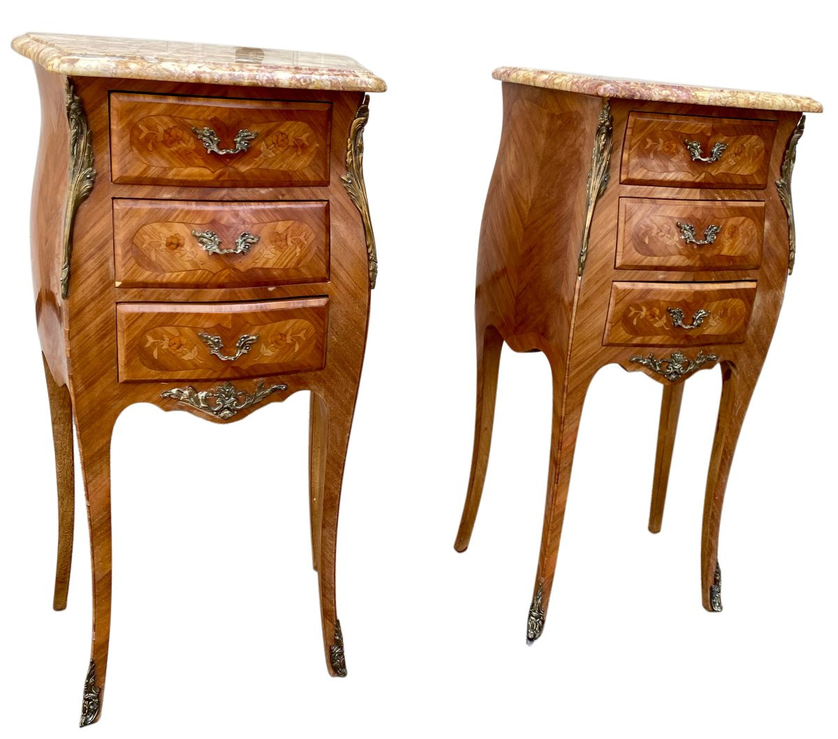 Pair Of Marquetry Bedside Tables - Veined Marble Top - Louis XV Style-photo-1