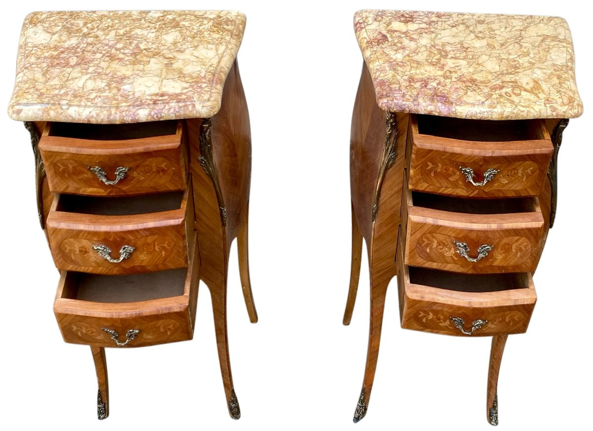 Pair Of Marquetry Bedside Tables - Veined Marble Top - Louis XV Style-photo-2