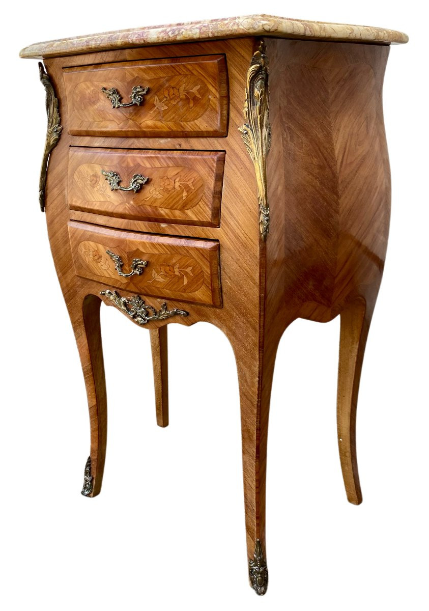 Pair Of Marquetry Bedside Tables - Veined Marble Top - Louis XV Style-photo-3