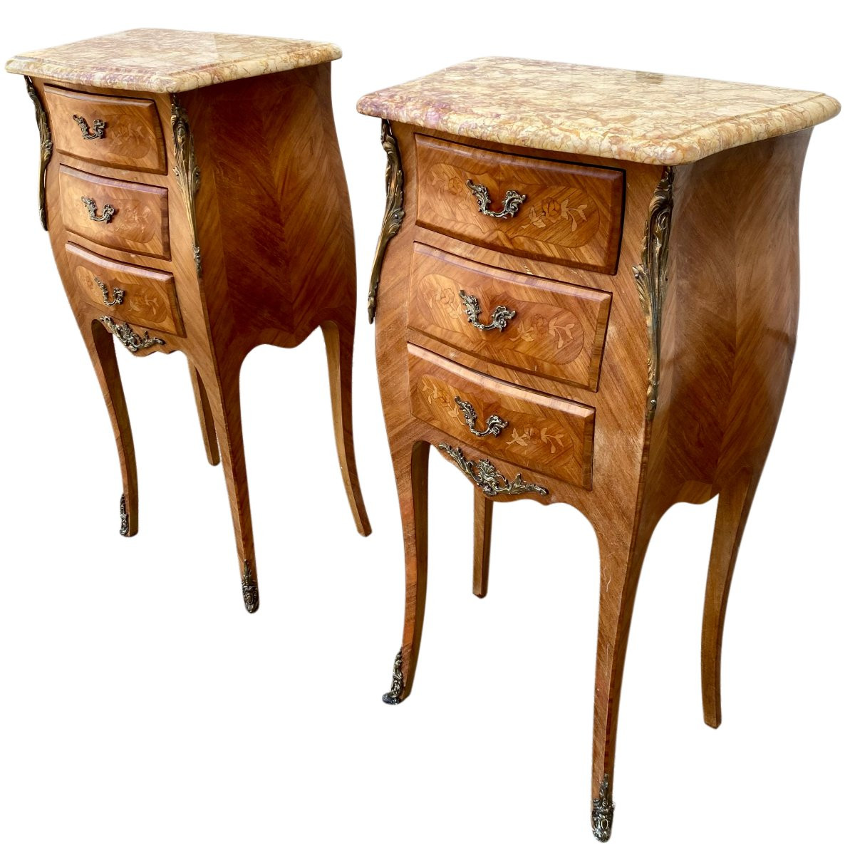 Pair Of Marquetry Bedside Tables - Veined Marble Top - Louis XV Style-photo-4