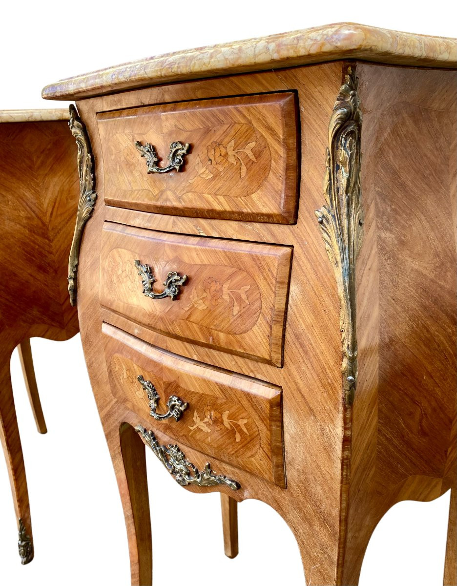 Pair Of Marquetry Bedside Tables - Veined Marble Top - Louis XV Style-photo-5