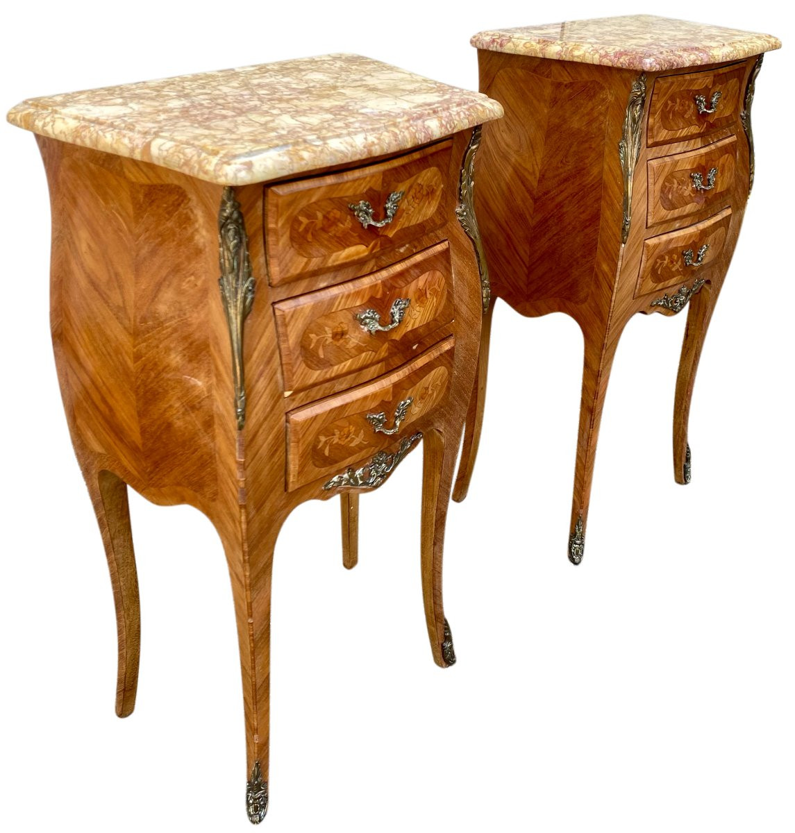 Pair Of Marquetry Bedside Tables - Veined Marble Top - Louis XV Style-photo-6