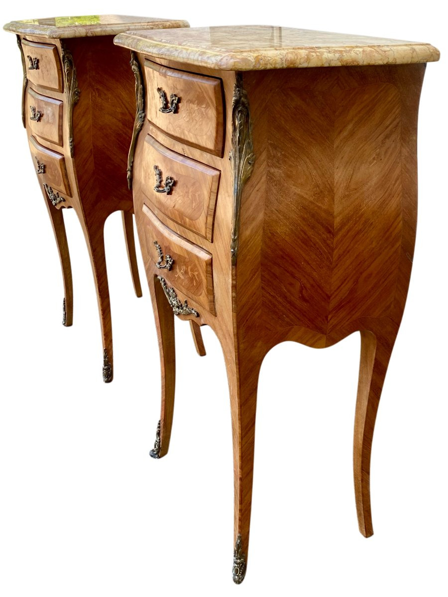 Pair Of Marquetry Bedside Tables - Veined Marble Top - Louis XV Style-photo-7