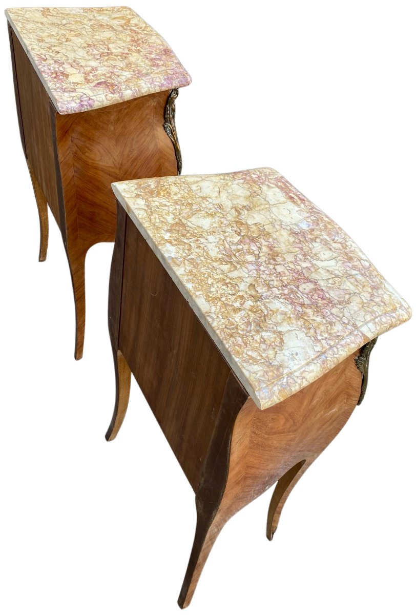 Pair Of Marquetry Bedside Tables - Veined Marble Top - Louis XV Style-photo-8