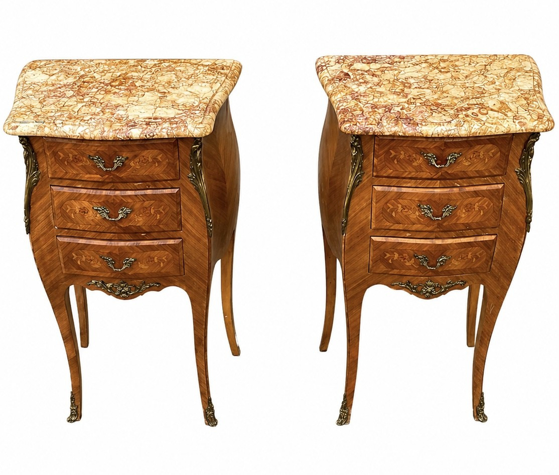 Pair Of Marquetry Bedside Tables - Veined Marble Top - Louis XV Style