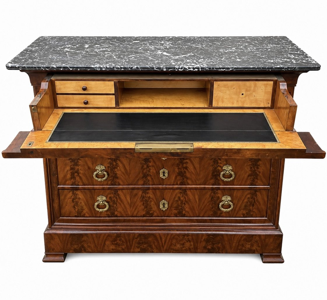 Louis Philippe 19th Century Walnut And Walnut Burl Chest Of Drawers Black Veined Marble-photo-2