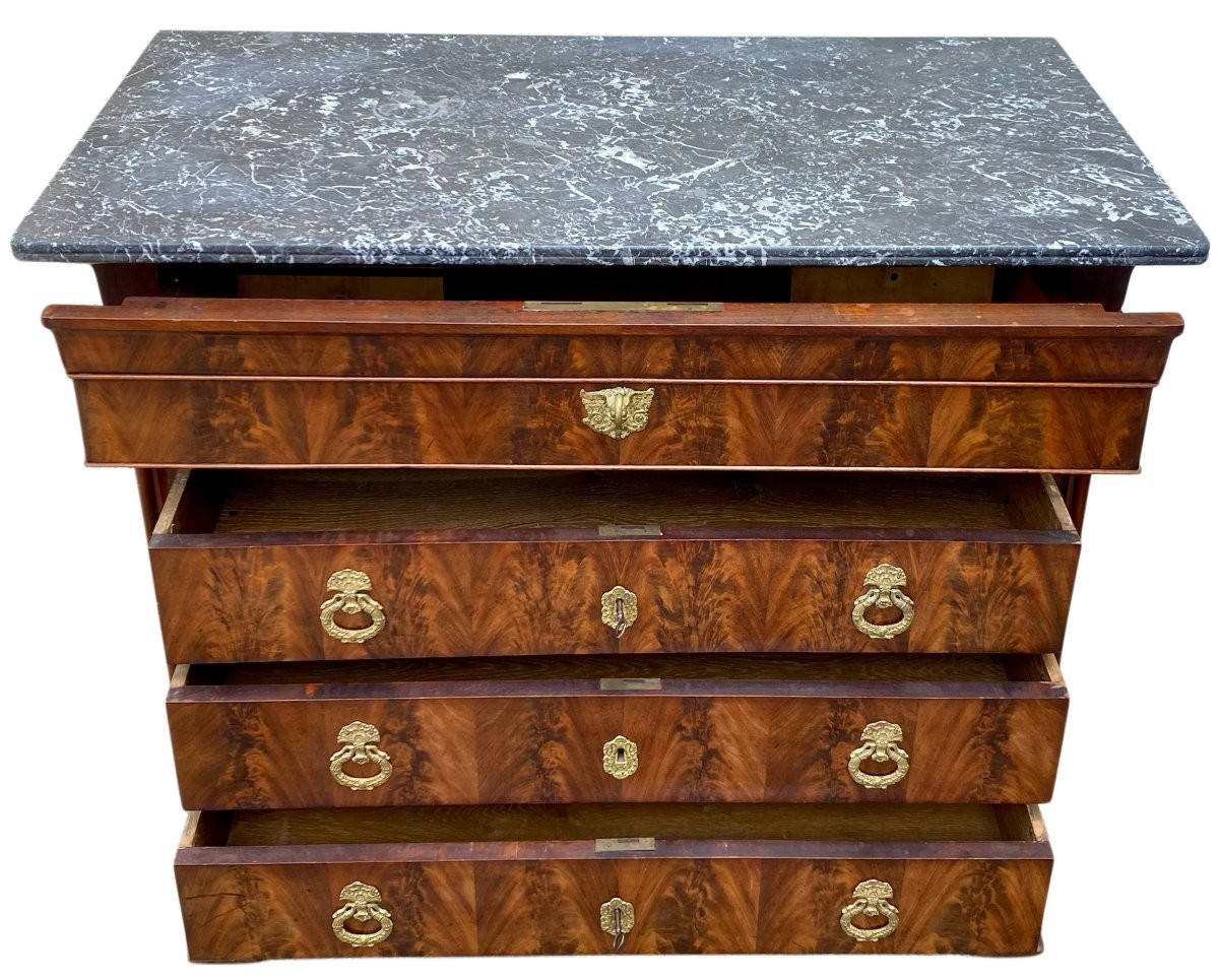Louis Philippe 19th Century Walnut And Walnut Burl Chest Of Drawers Black Veined Marble-photo-1