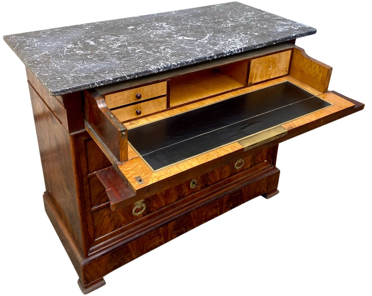 Louis Philippe 19th Century Walnut And Walnut Burl Chest Of Drawers Black Veined Marble-photo-2