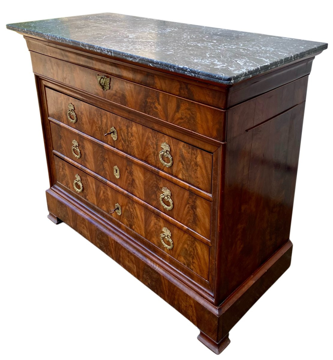 Louis Philippe 19th Century Walnut And Walnut Burl Chest Of Drawers Black Veined Marble-photo-3