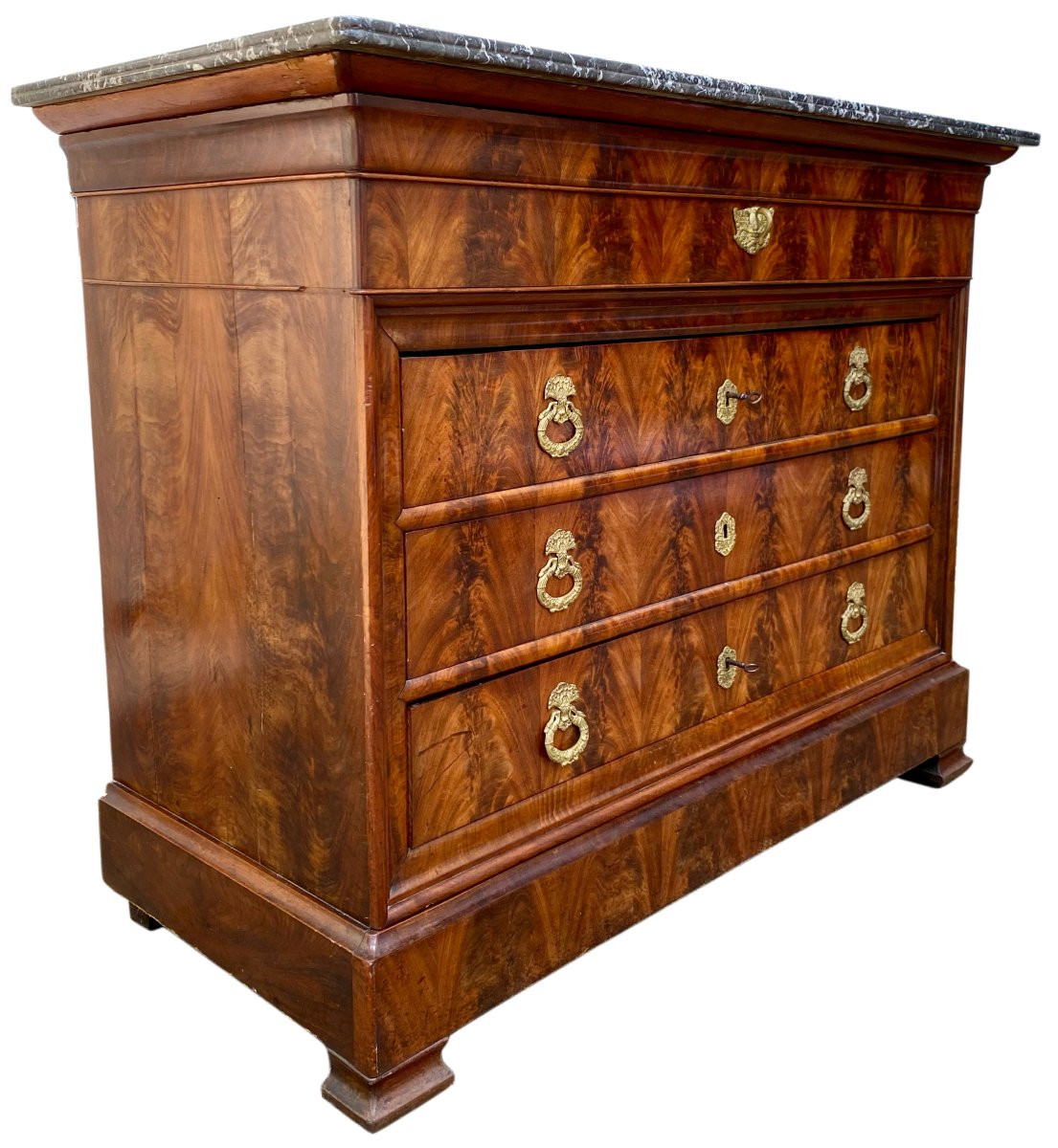 Louis Philippe 19th Century Walnut And Walnut Burl Chest Of Drawers Black Veined Marble-photo-4