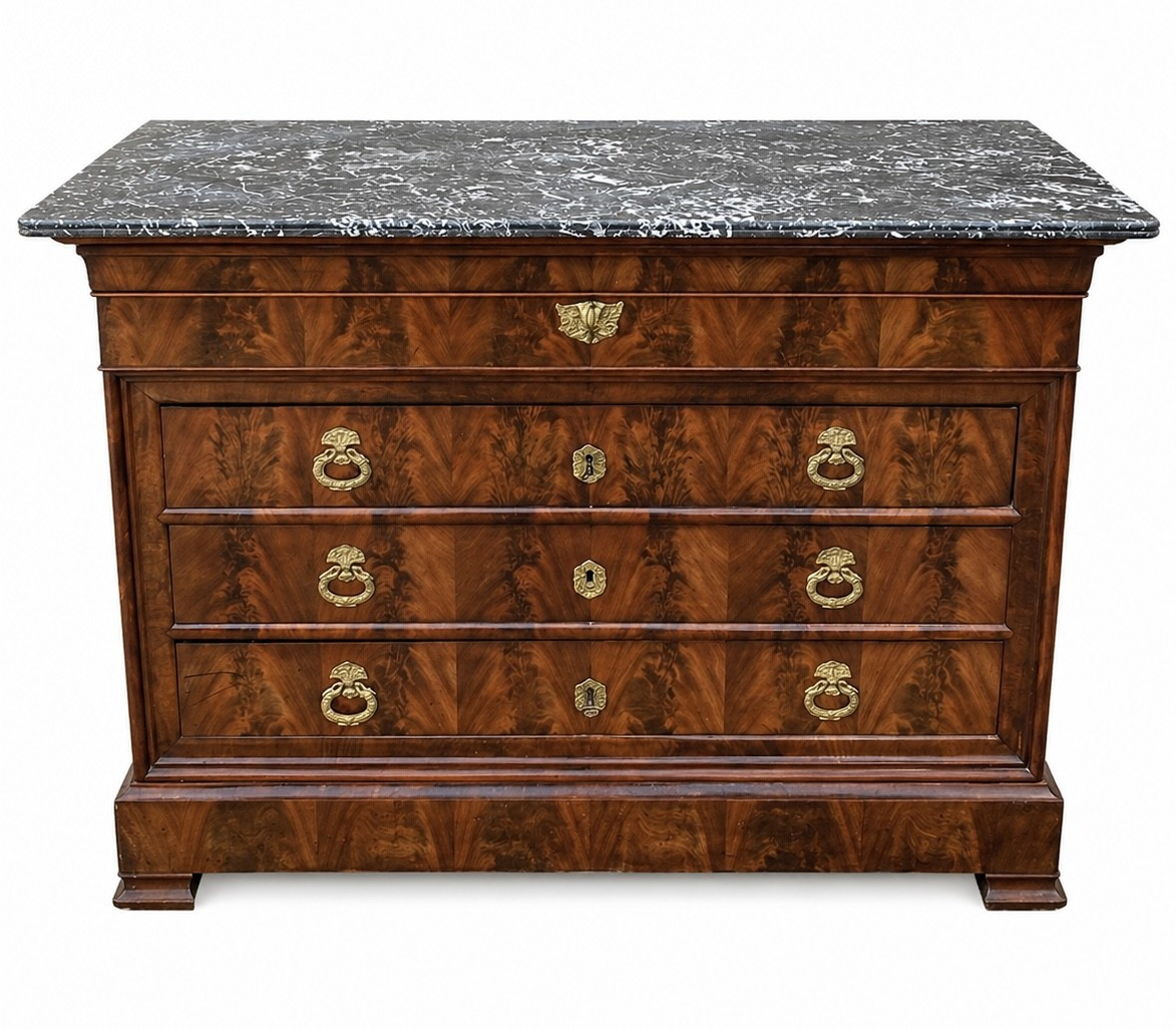 Louis Philippe 19th Century Walnut And Walnut Burl Chest Of Drawers Black Veined Marble