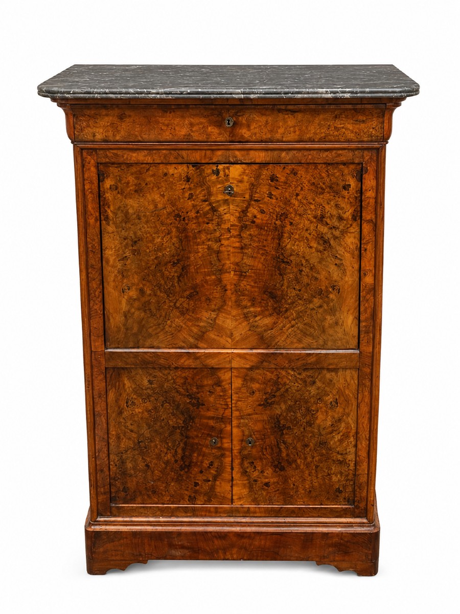 Secrétaire Louis Philippe en Ronce de Noyer avec plateau marbre