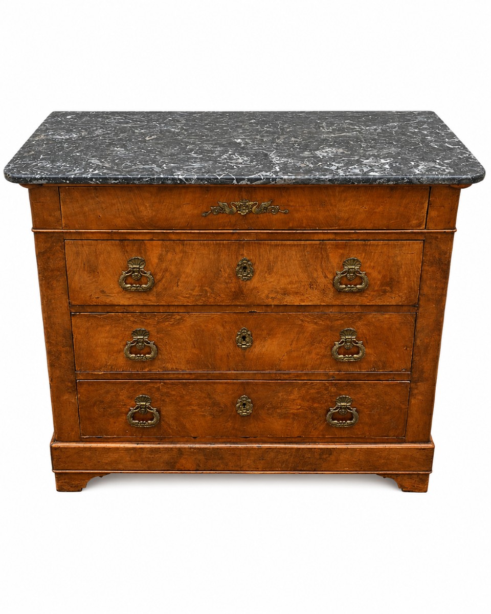 Louis Philippe 19th Century Burr Walnut Chest Of Drawers With Marble Top