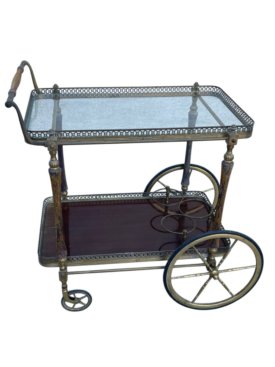 Chariot à boissons bar desserte en laiton et bois de la Maison Jansen, France années 1940-photo-4
