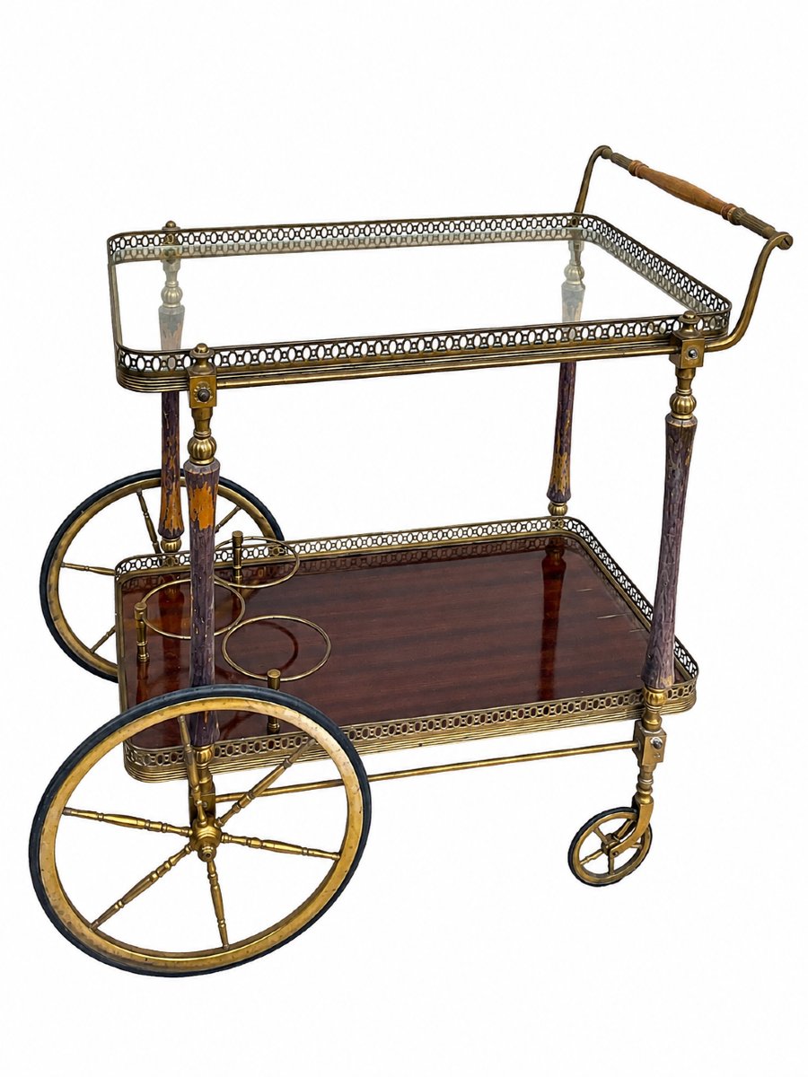 Chariot à boissons bar desserte en laiton et bois de la Maison Jansen, France années 1940