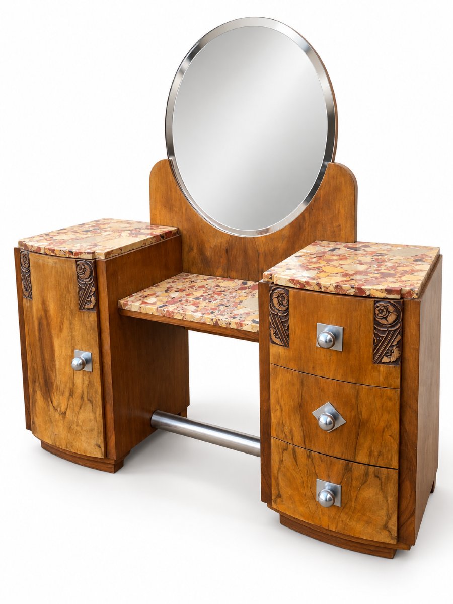 Art Deco Set—dressing Table And Nightstand In Walnut Veneer And Marble, Circa 1930-photo-2