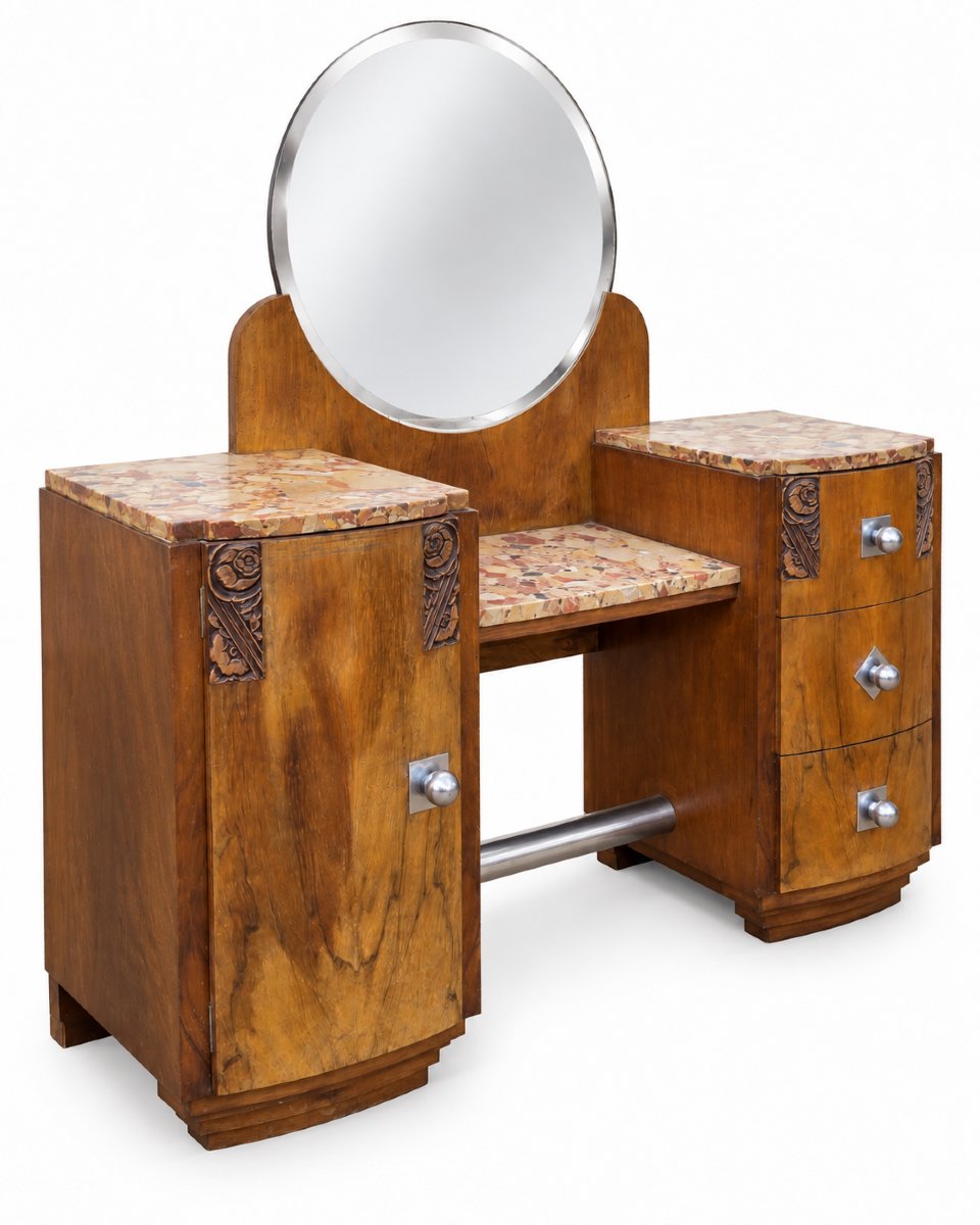 Art Deco Set—dressing Table And Nightstand In Walnut Veneer And Marble, Circa 1930-photo-3