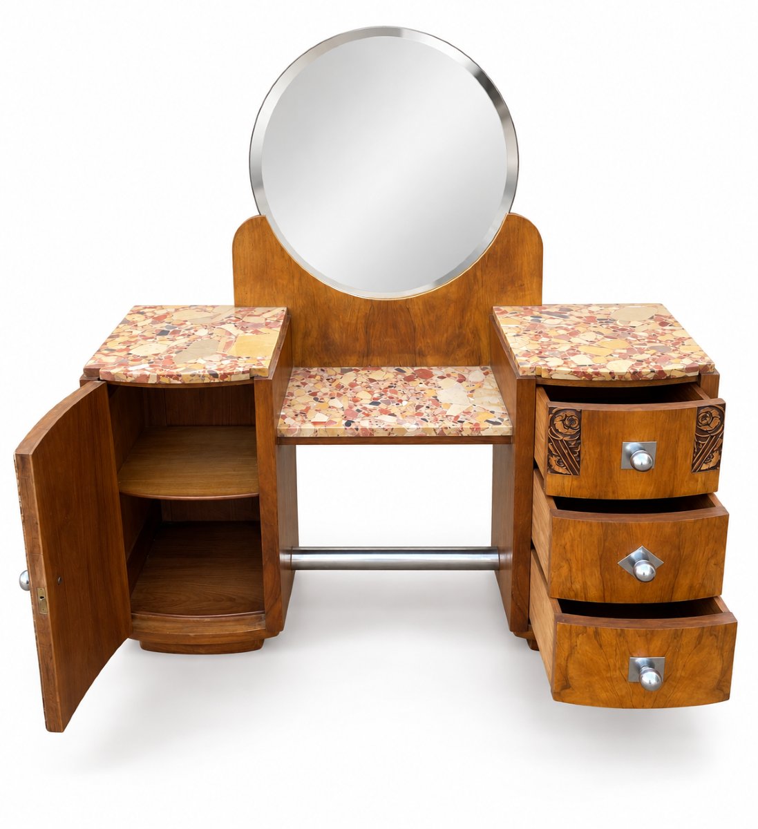 Art Deco Set—dressing Table And Nightstand In Walnut Veneer And Marble, Circa 1930-photo-4