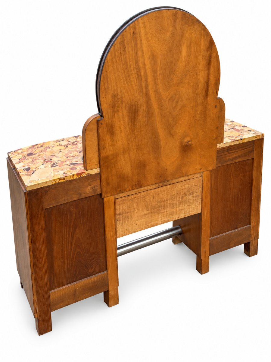 Art Deco Set—dressing Table And Nightstand In Walnut Veneer And Marble, Circa 1930-photo-1