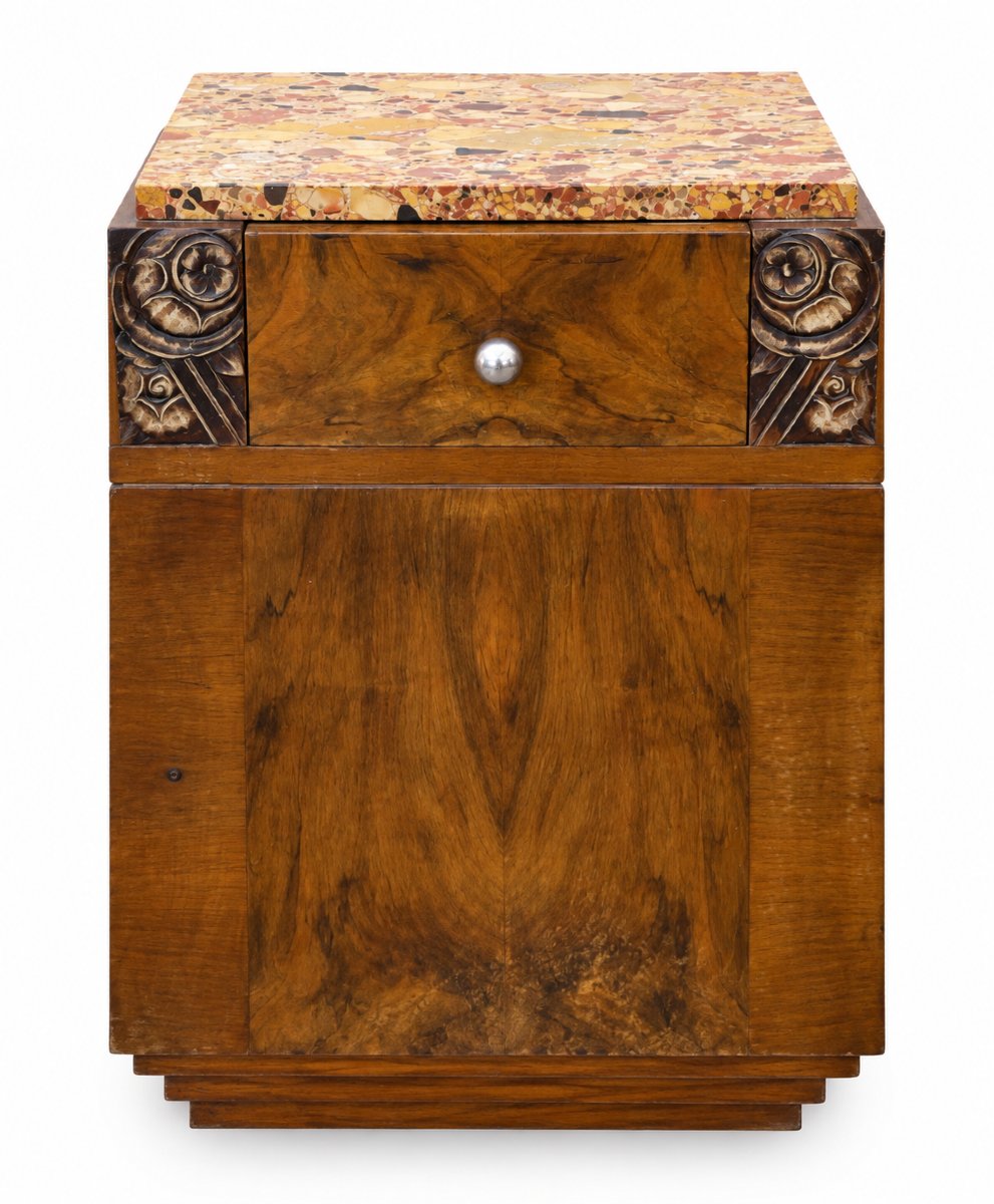 Art Deco Set—dressing Table And Nightstand In Walnut Veneer And Marble, Circa 1930-photo-2