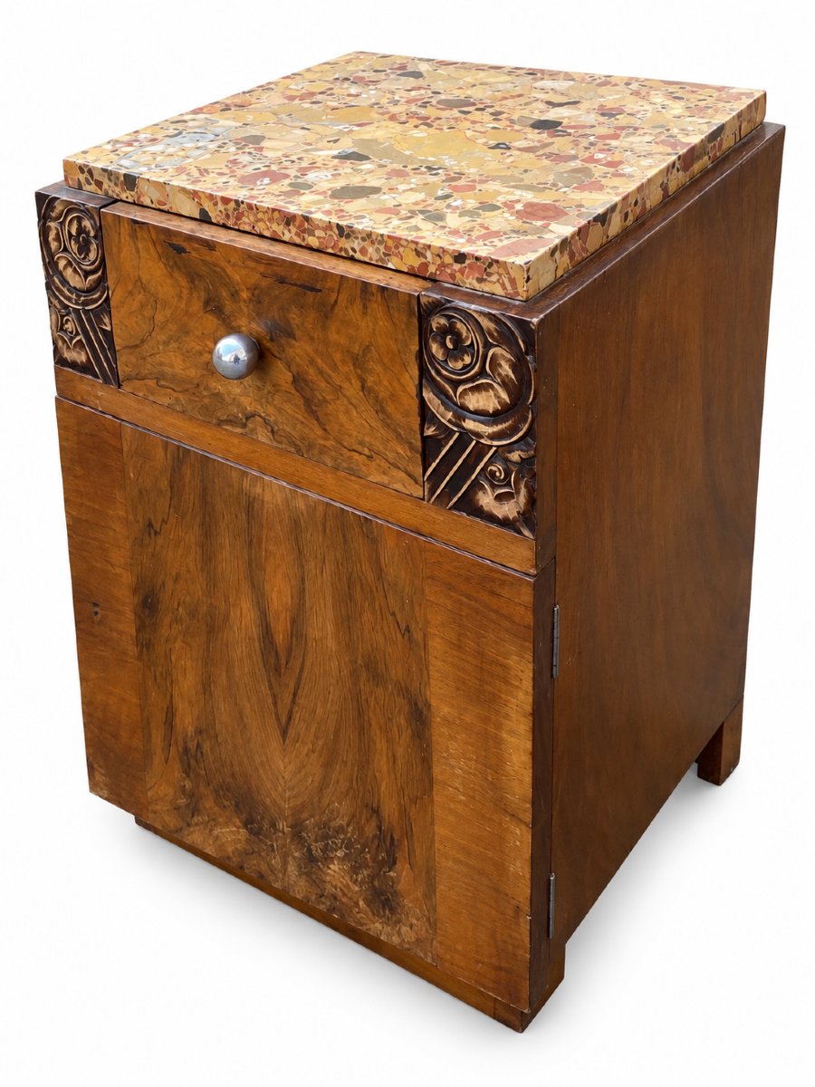 Art Deco Set—dressing Table And Nightstand In Walnut Veneer And Marble, Circa 1930-photo-3