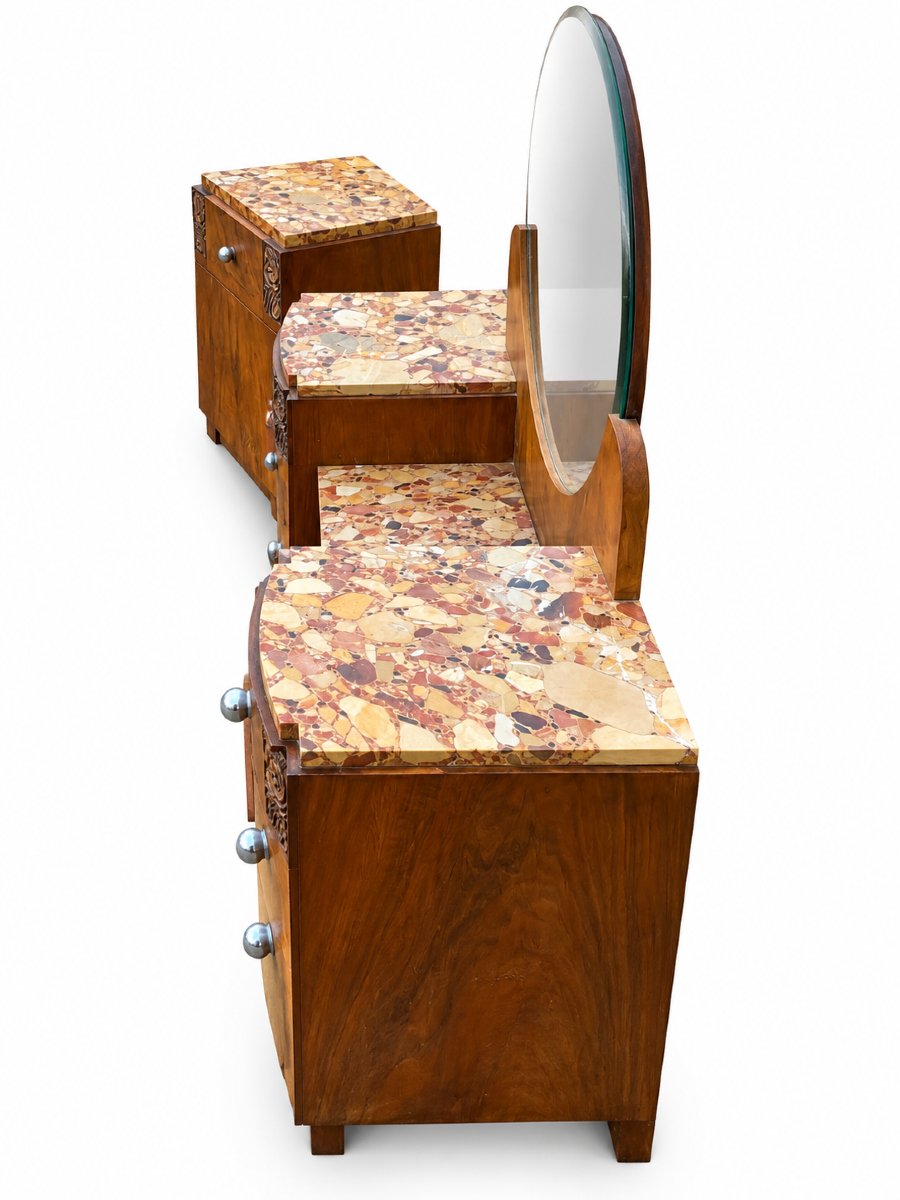 Art Deco Set—dressing Table And Nightstand In Walnut Veneer And Marble, Circa 1930-photo-7